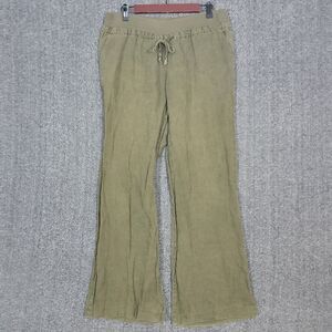 Guess Pants Womens Large Olive Green Mottled 100% Linen Flared Pull On